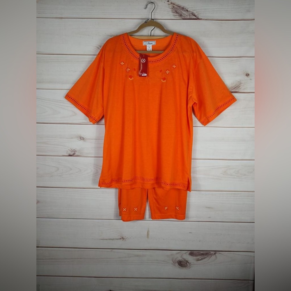 Anne XXL Pants Outfit Womans Orange Cotton Blend Embroidery Comfy Short Slv NWT